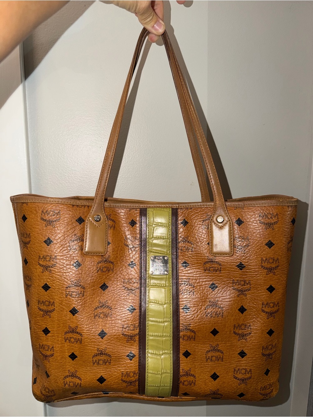 MCM Cognac Logo Tote with Olive Center Stripe